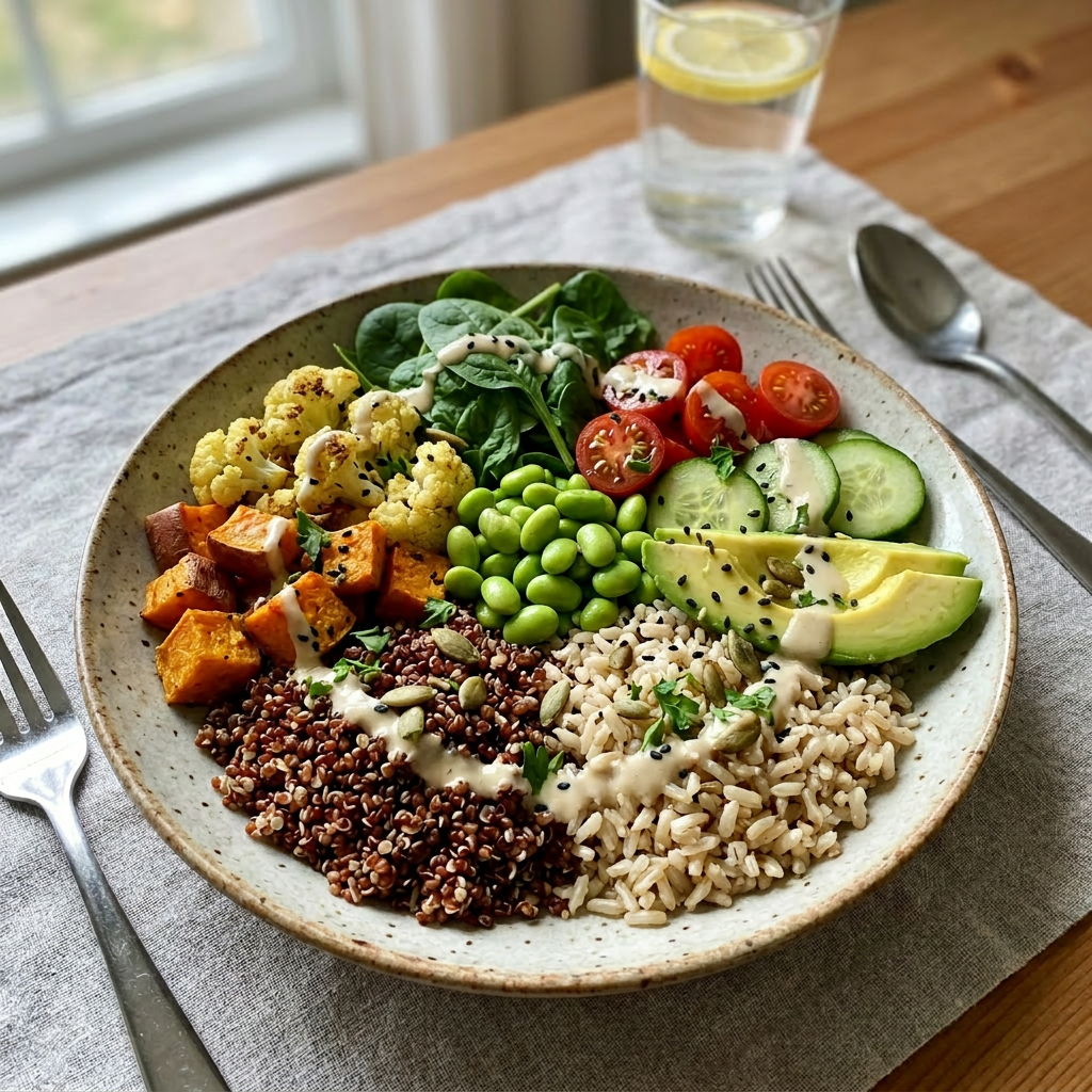 Bowl with quinoa, brown rice, avocado, edamame, spinach, cherry tomatoes, cucumber, cauliflower, sweet potato, and tahini sauce